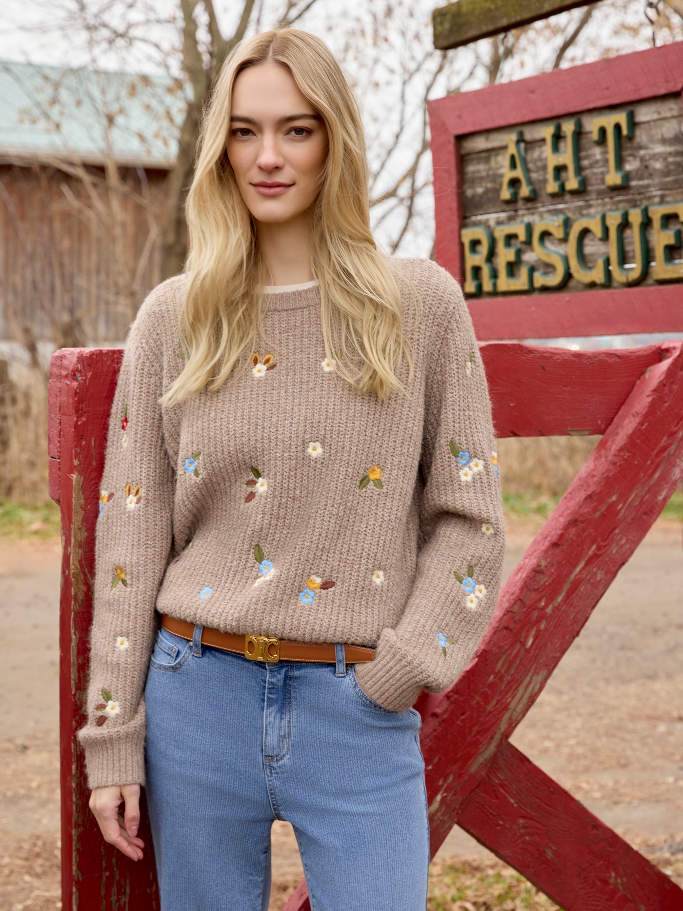 Charlie B Top - Embroidered Crew - Lt Brown