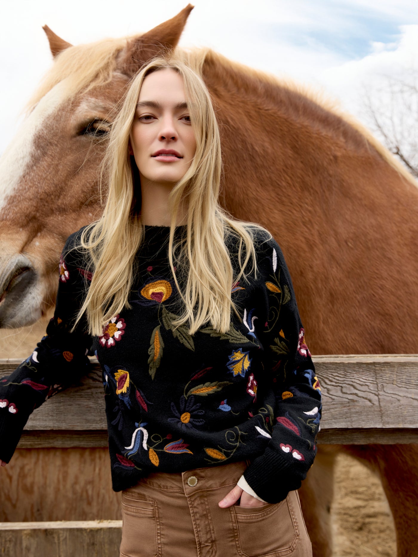 Charlie B Top - Embroidered Knit - Black /Multi