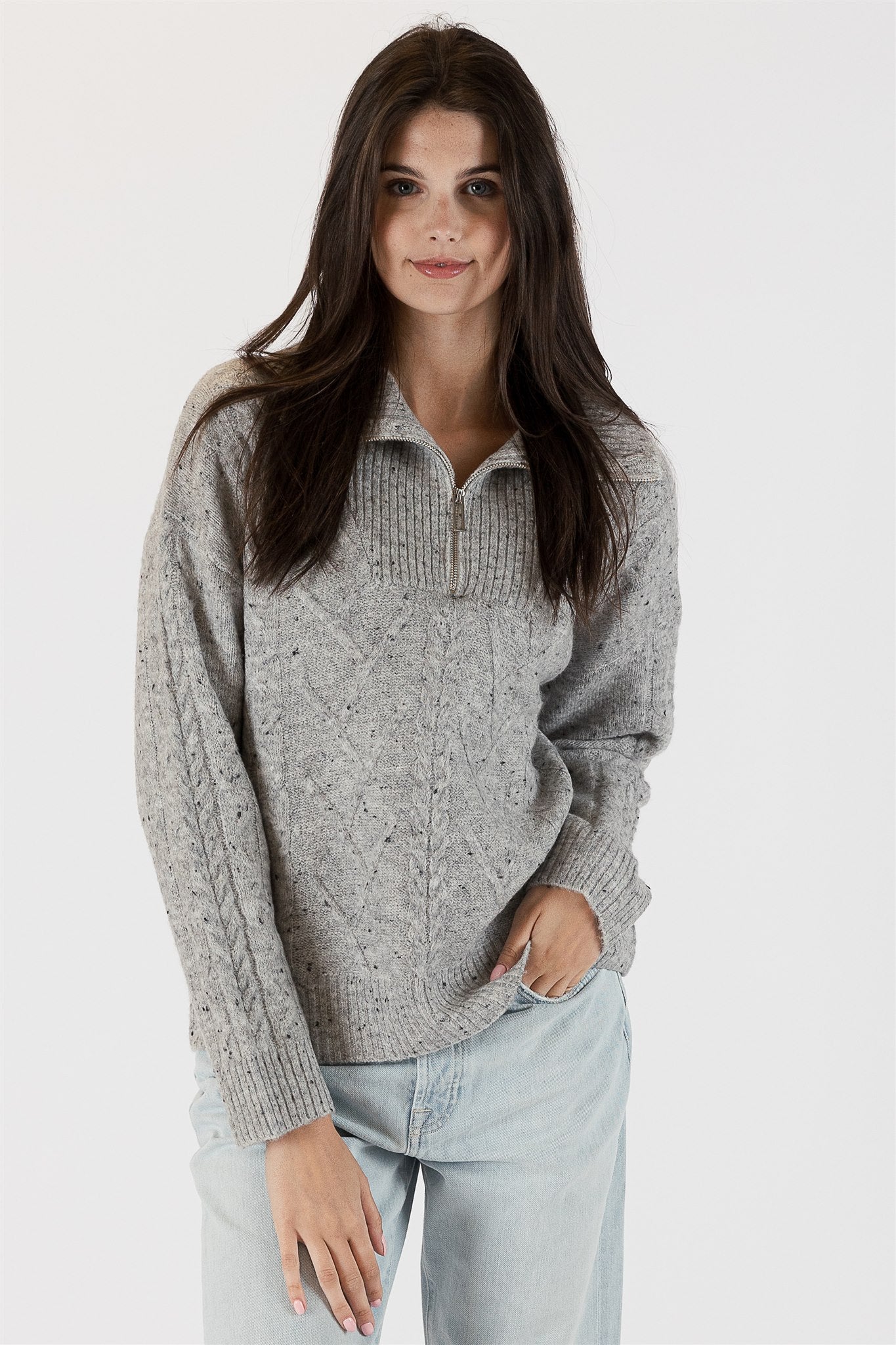 Lyla+Luxe Top - 3/4 Zip Sweater - Grey