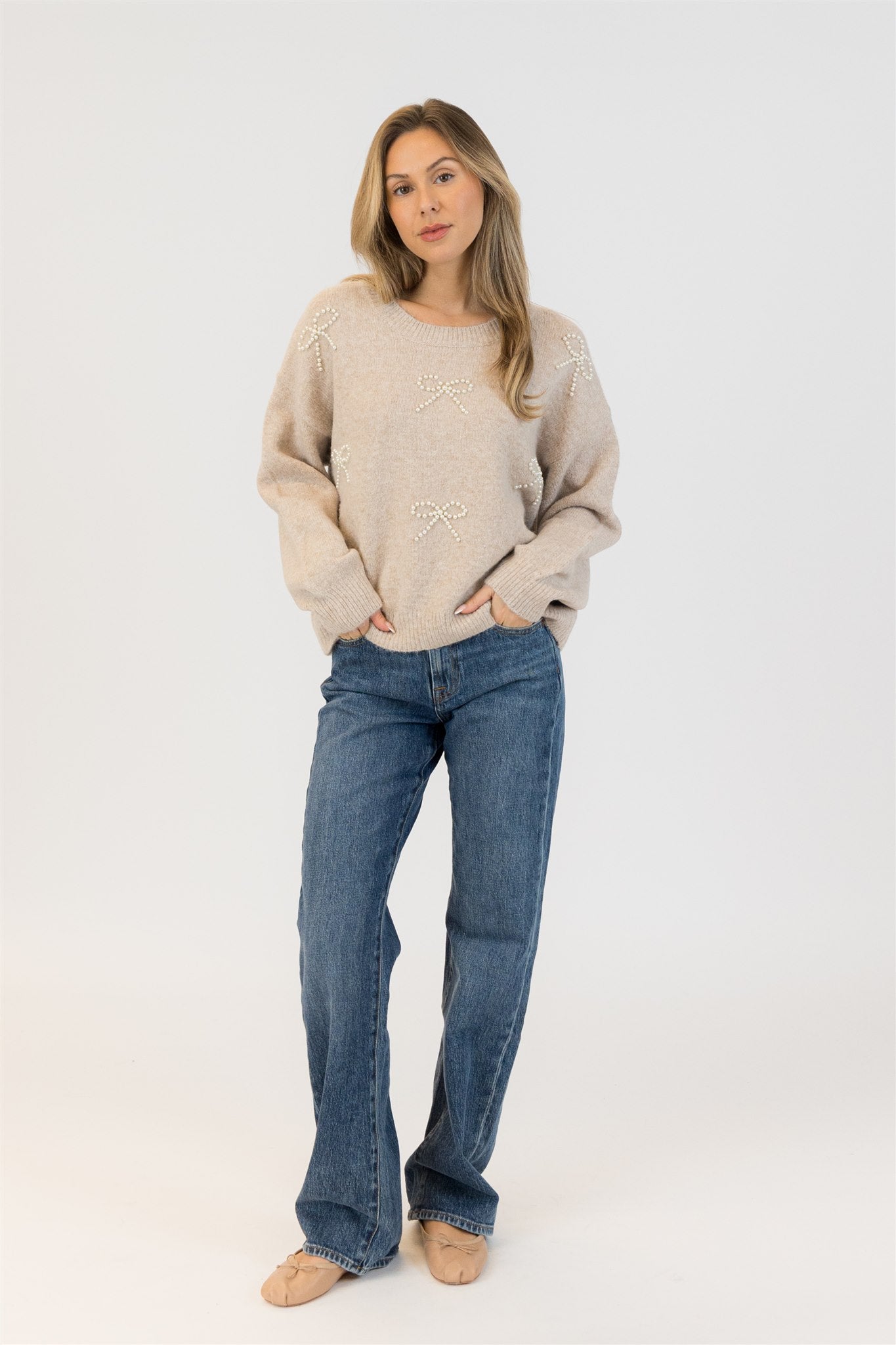 Lyla+Luxe Top - Bows Crew - Beige