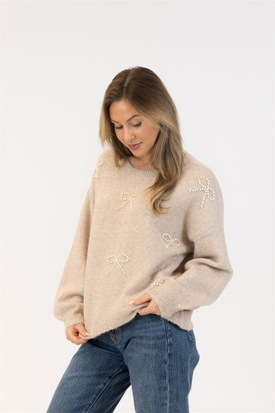 Lyla+Luxe Top - Bows Crew - Beige