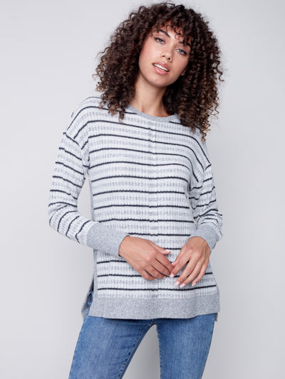 Charlie B Top - Striped Crew Sweater - Grey /White - XSMALL