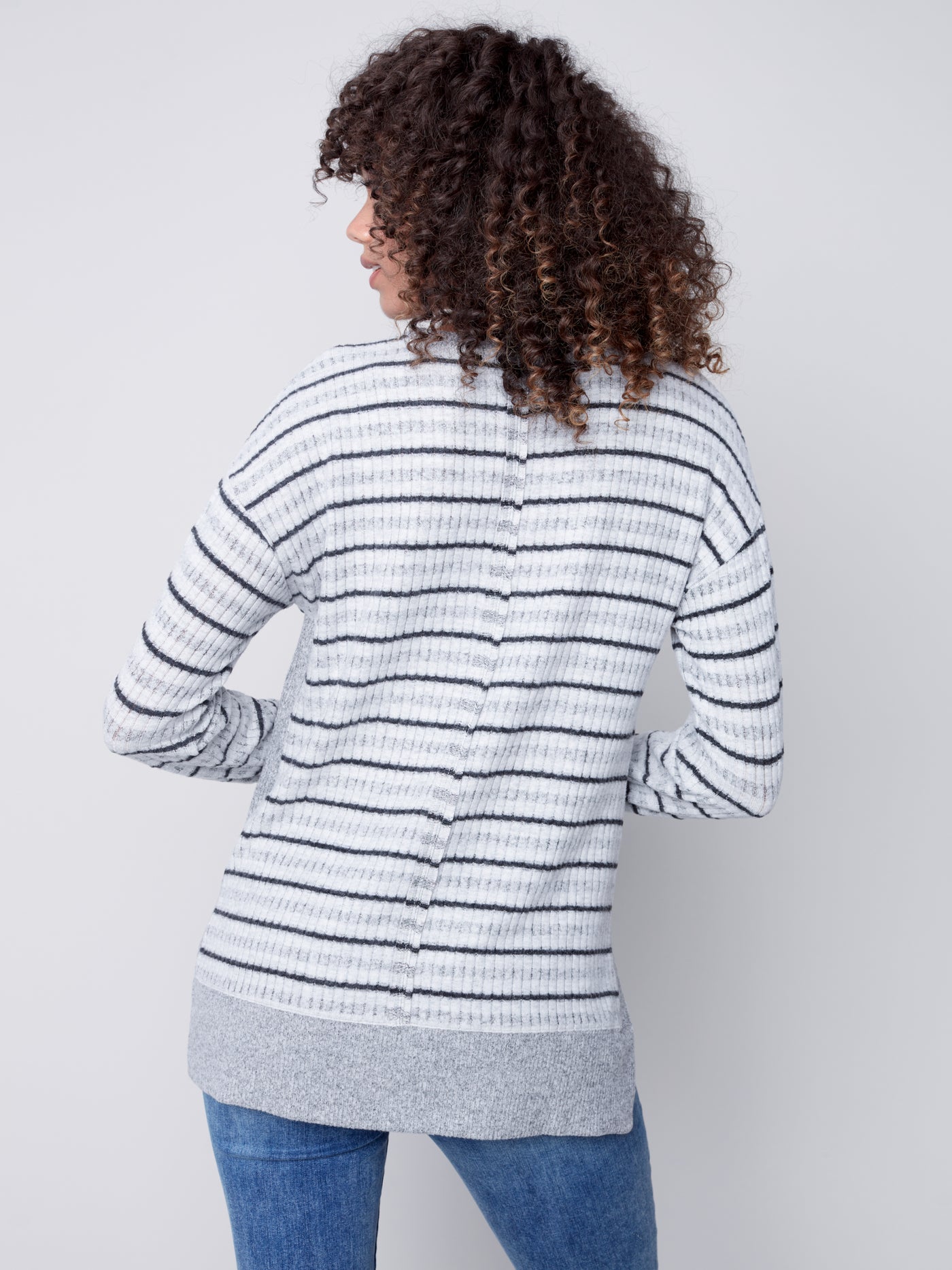 Charlie B Top - Striped Crew Sweater - Grey /White - XSMALL