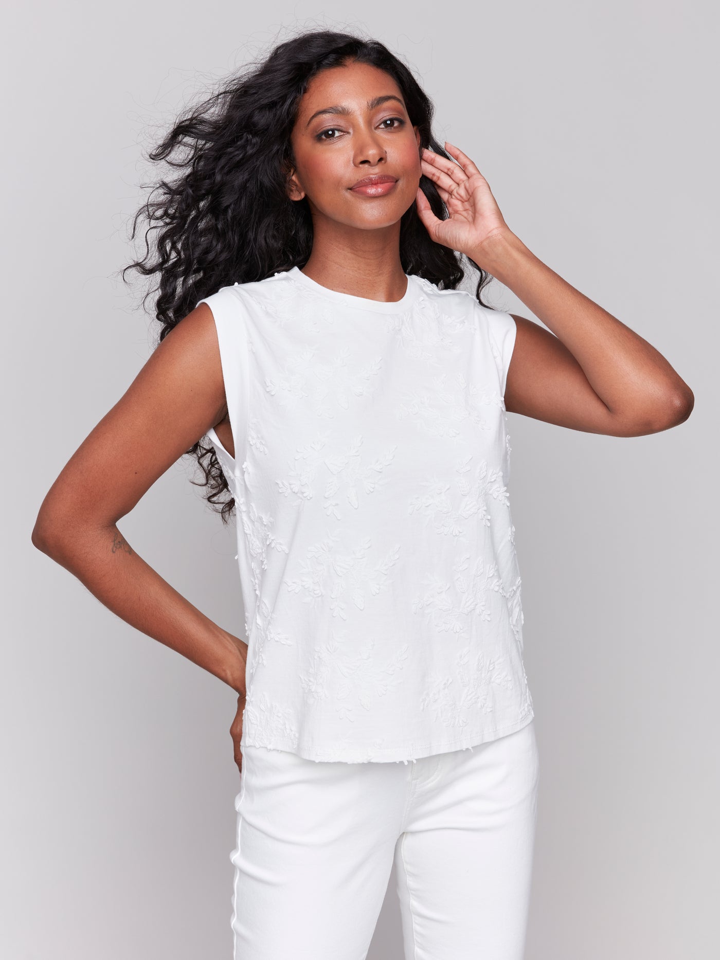 Charlie B Top - Sleeveless Textured Crew - White