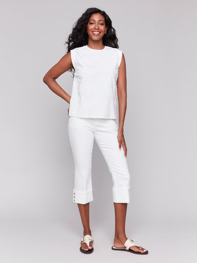 Charlie B Top - Sleeveless Textured Crew - White