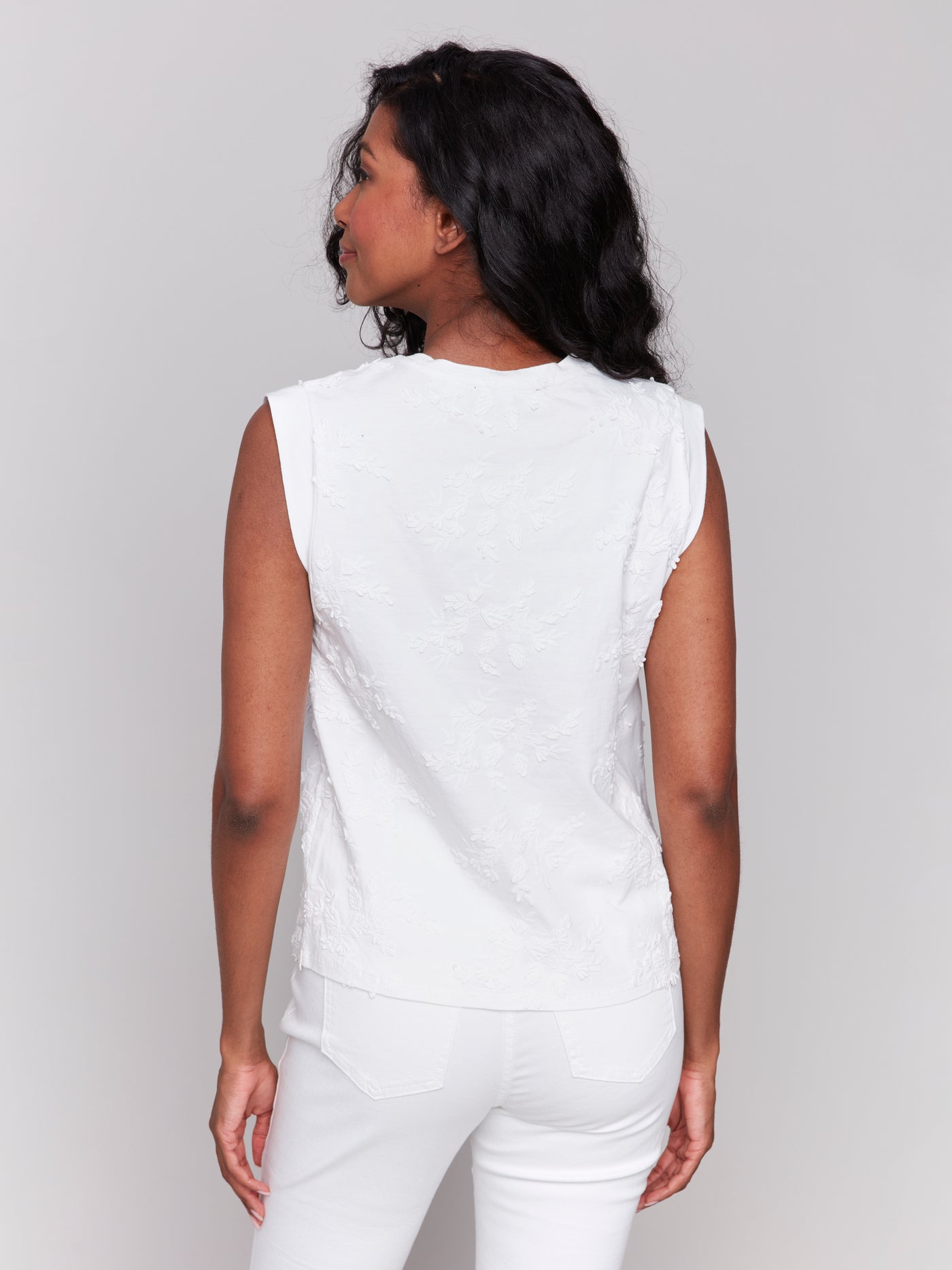 Charlie B Top - Sleeveless Textured Crew - White