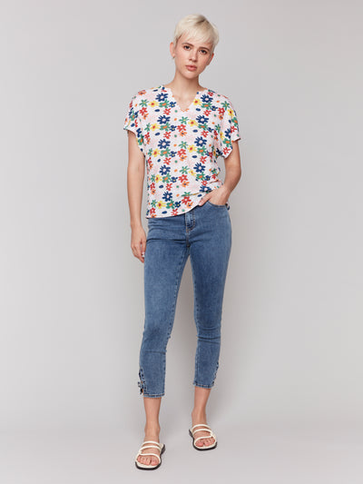 Charlie B Top - V-Neck Tee - Daisies