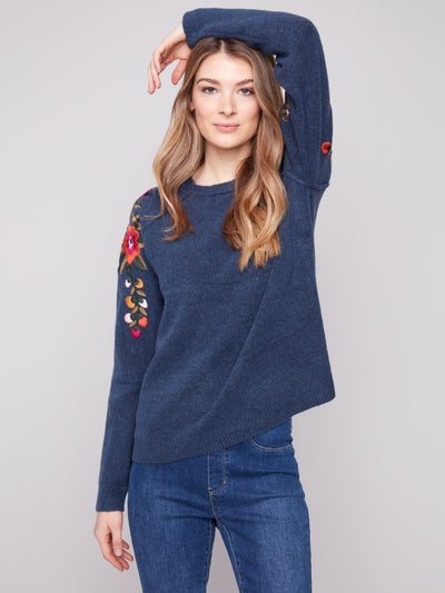 Charlie B Top - Embroidered Sweater - Denim