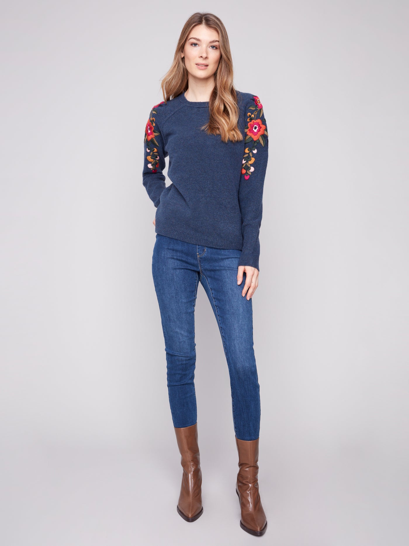 Charlie B Top - Embroidered Sweater - Denim