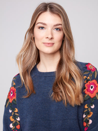 Charlie B Top - Embroidered Sweater - Denim