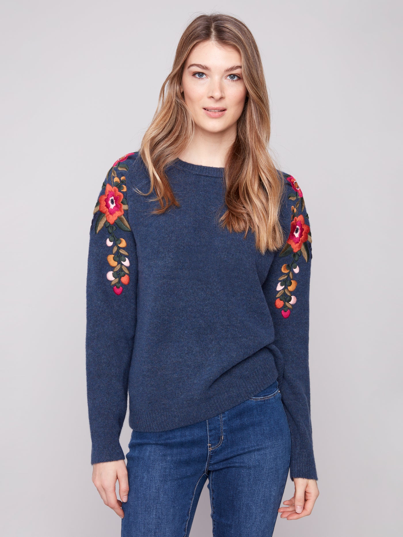 Charlie B Top - Embroidered Sweater - Denim