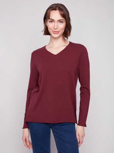 Charlie B Top - V-Neck Sweater - Cabernet