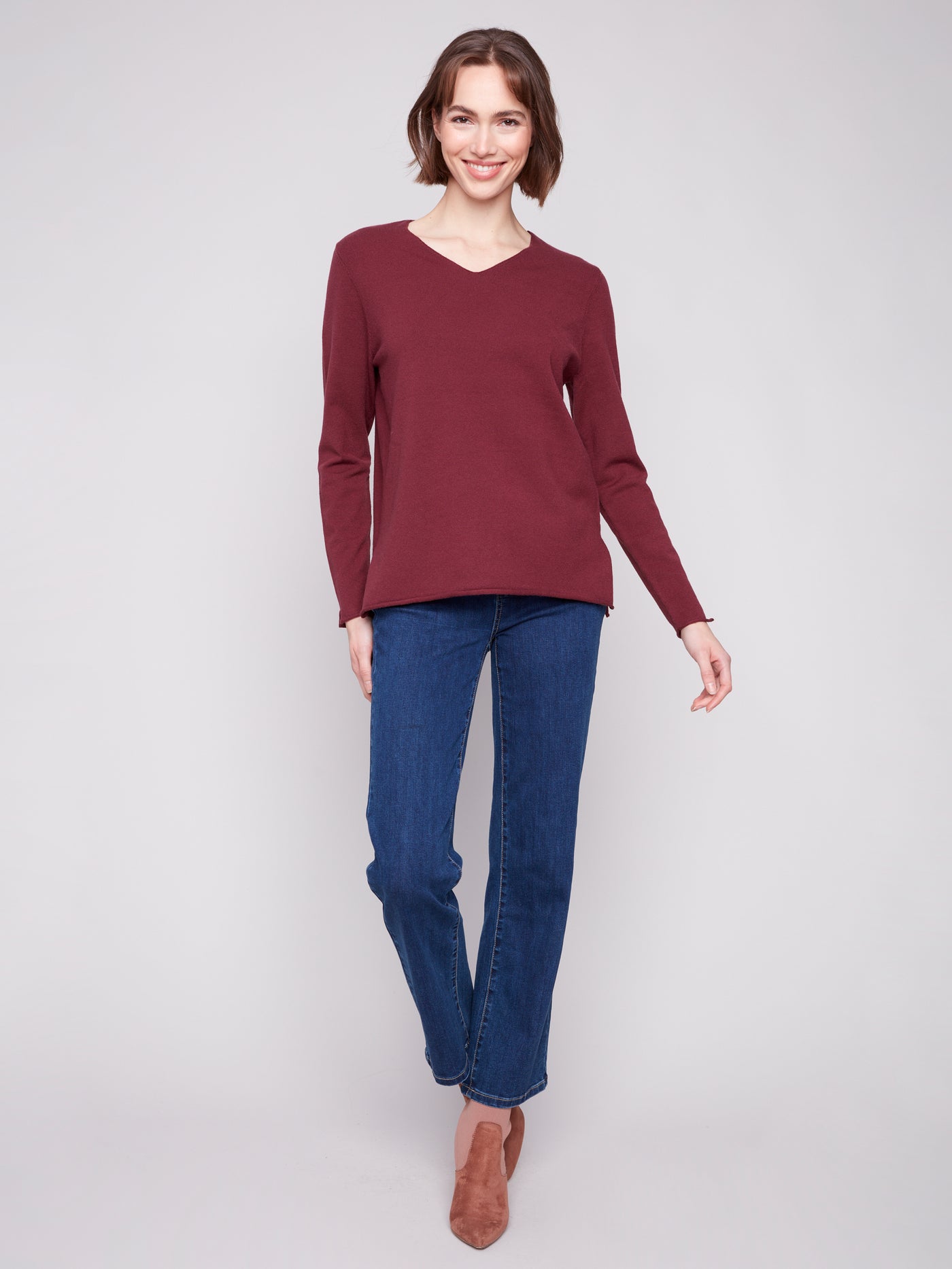 Charlie B Top - V-Neck Sweater - Cabernet