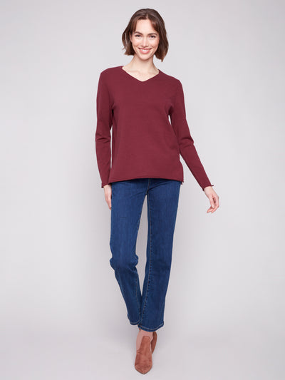 Charlie B Top - V-Neck Sweater - Cabernet