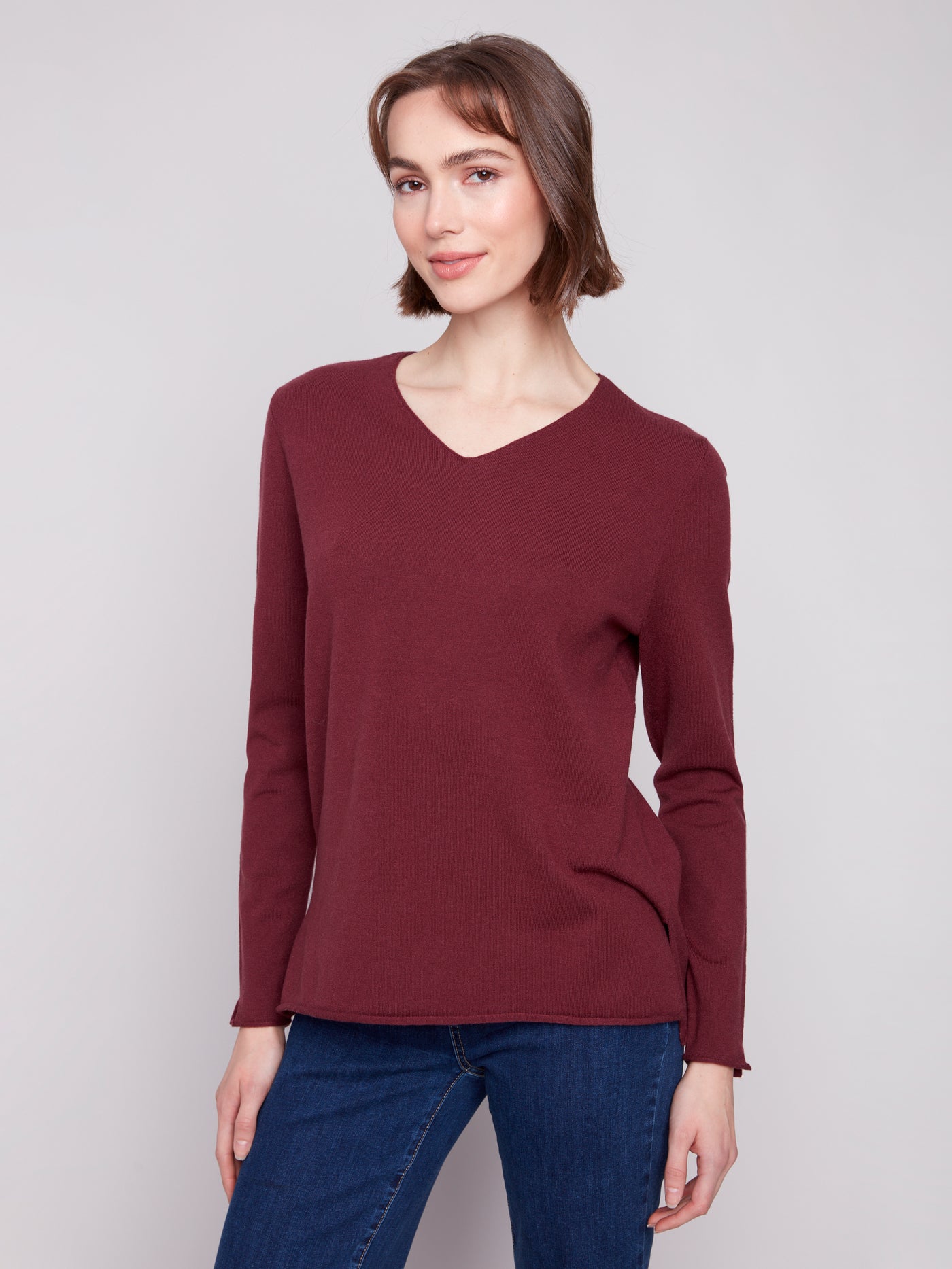 Charlie B Top - V-Neck Sweater - Cabernet