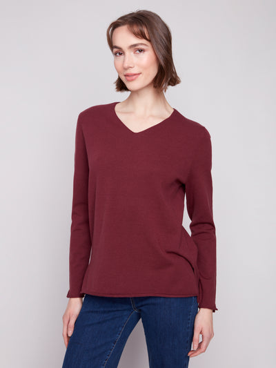Charlie B Top - V-Neck Sweater - Cabernet