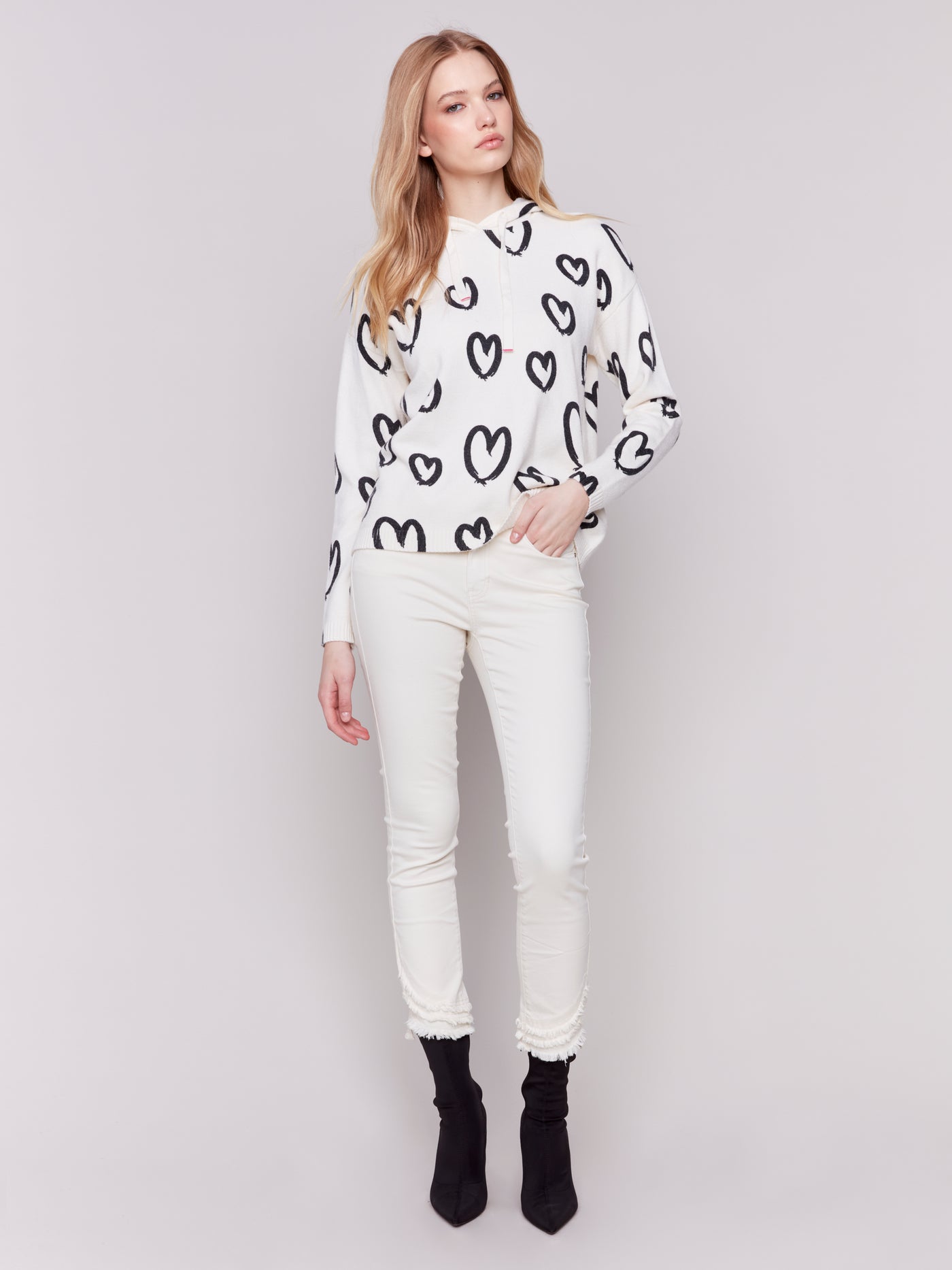 Charlie B Top - Hearts Hoodie - Ecru /Black