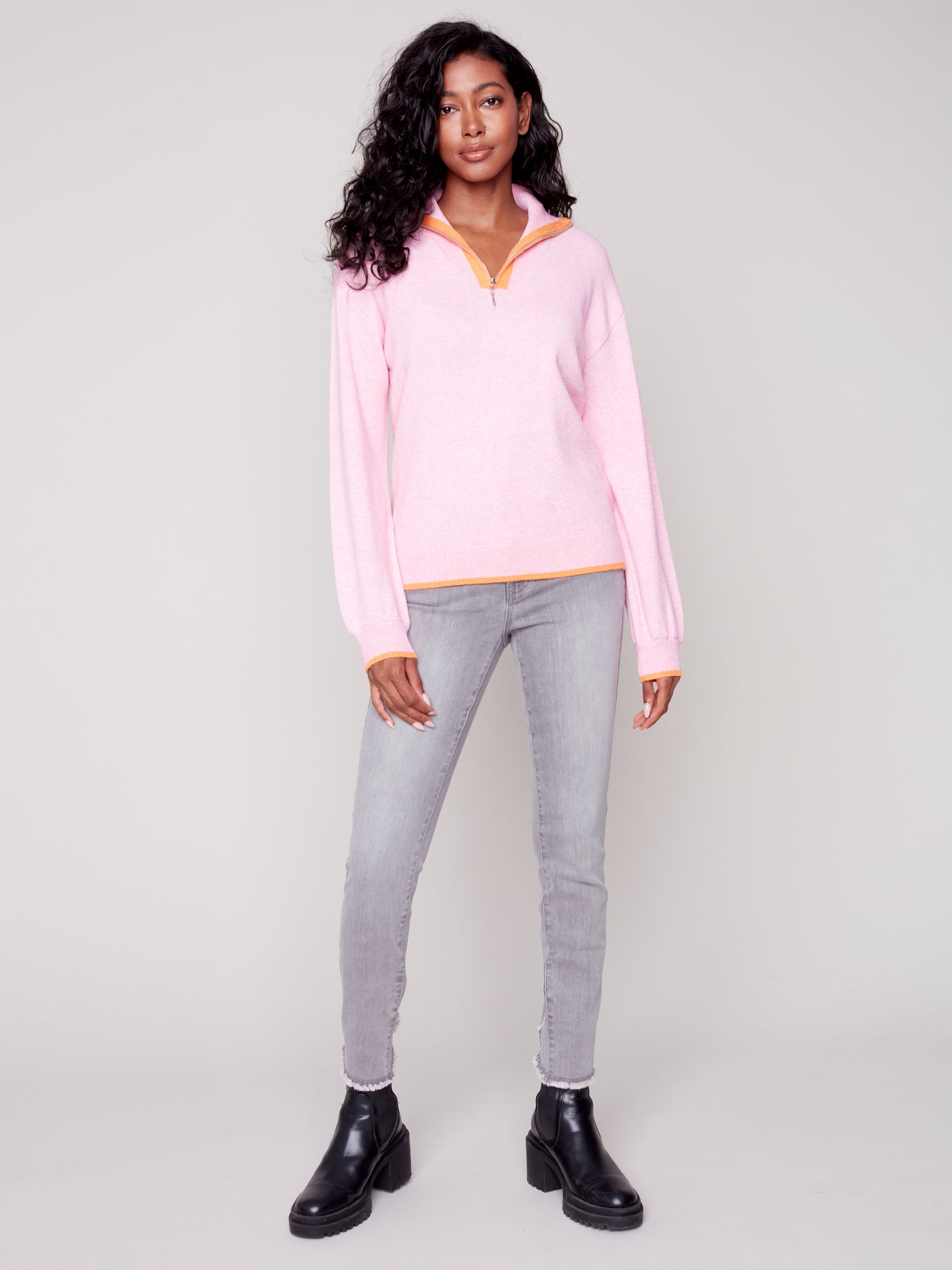 Charlie B Top - Quarter Zip Sweater - Pink Orchid