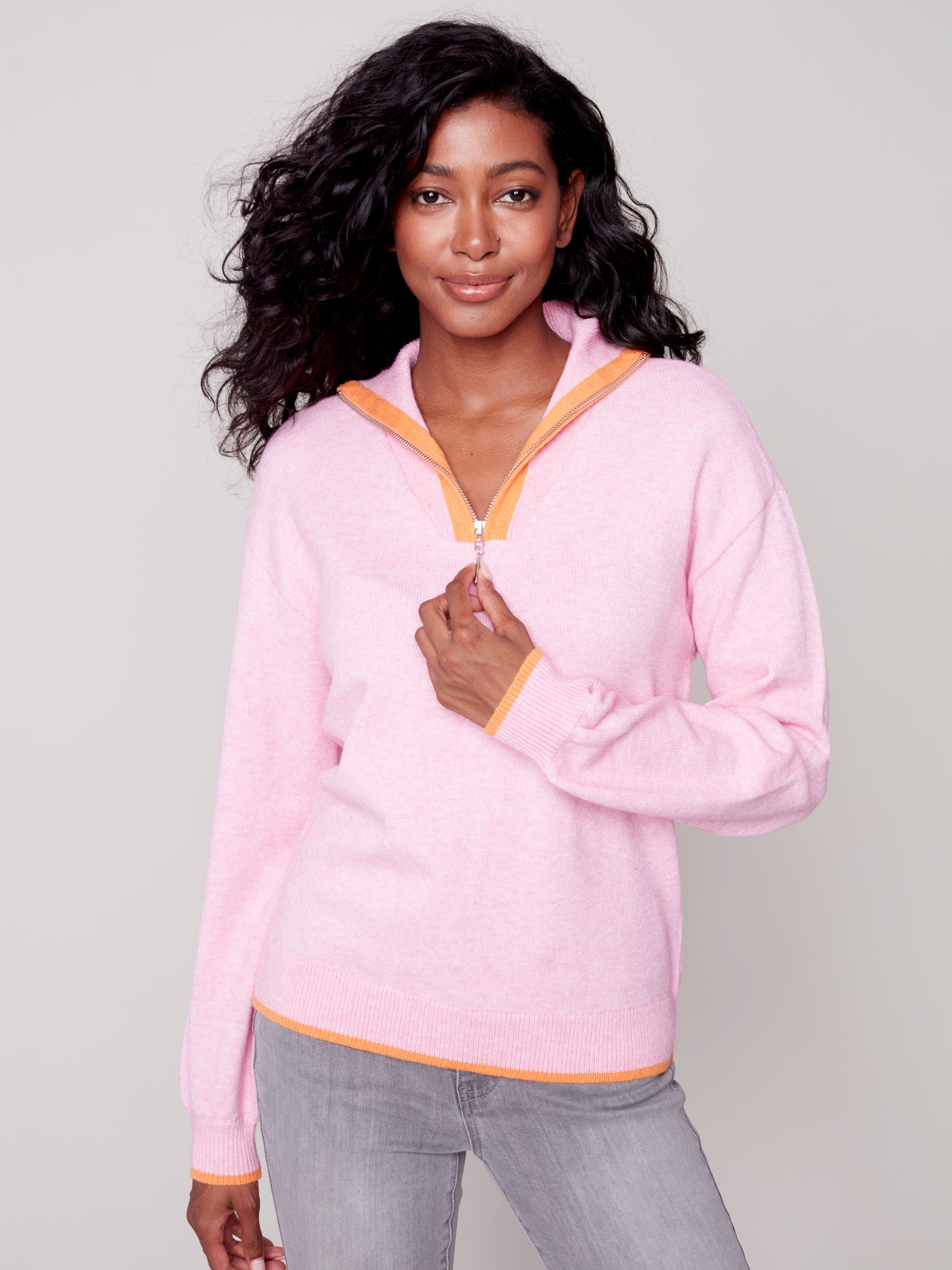 Charlie B Top - Quarter Zip Sweater - Pink Orchid