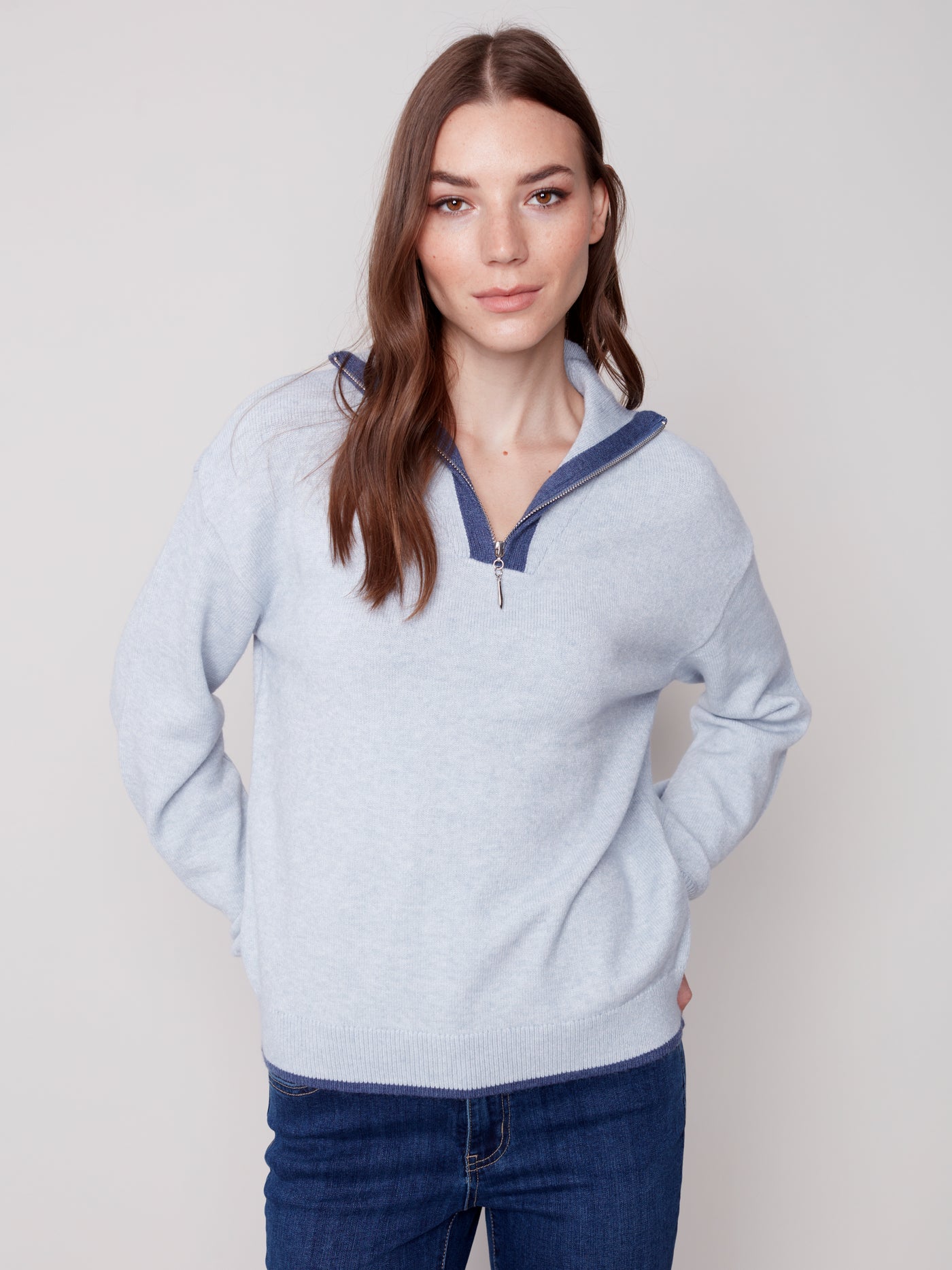 Charlie B Top - Quarter Zip Sweater - Blue Snowflake