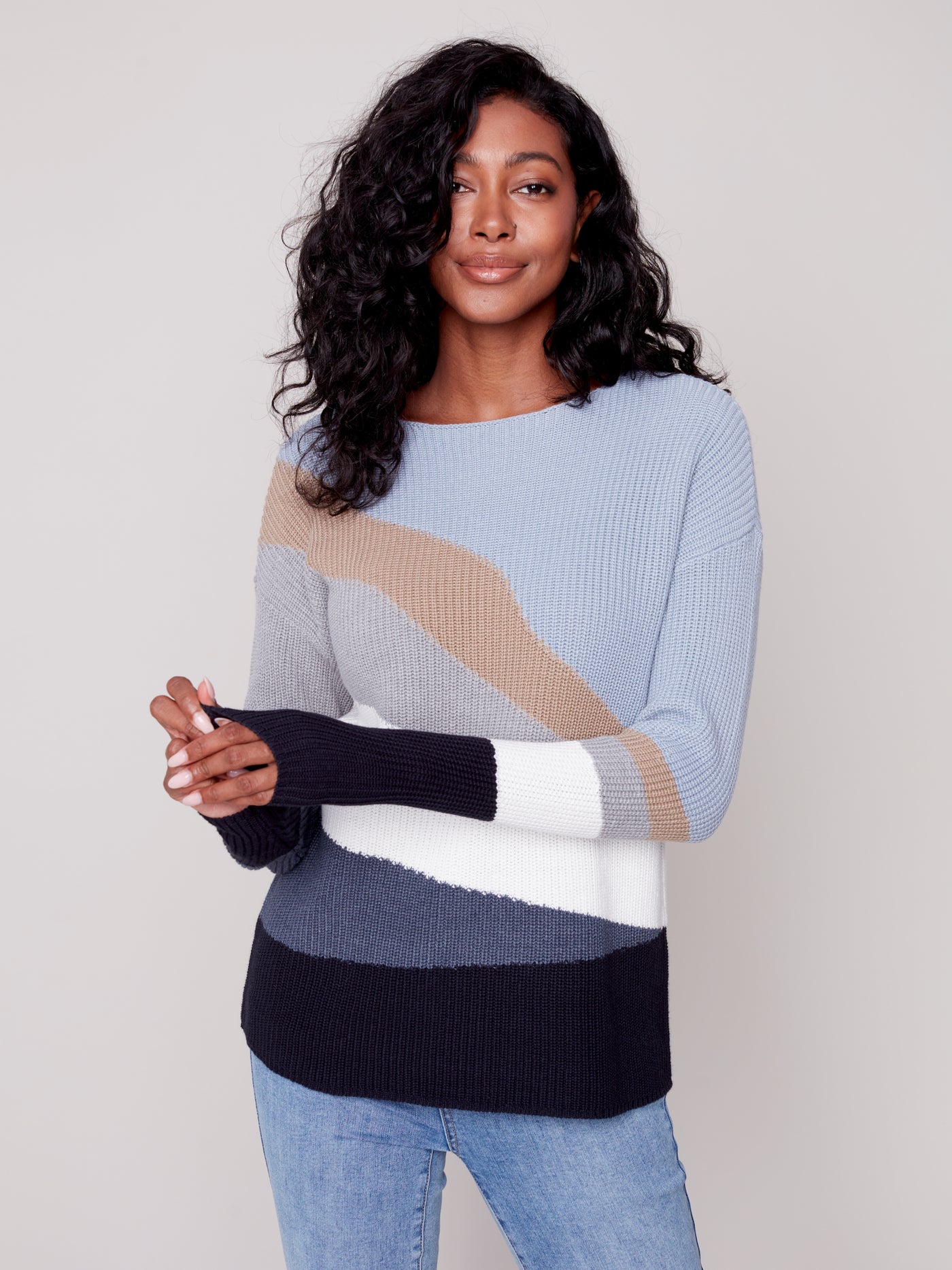 Charlie B Top - Colour Block Sweater - Blue /Multi