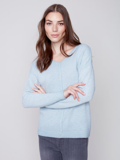 Charlie B Top - V-Neck Sweater - Blue Snowflake