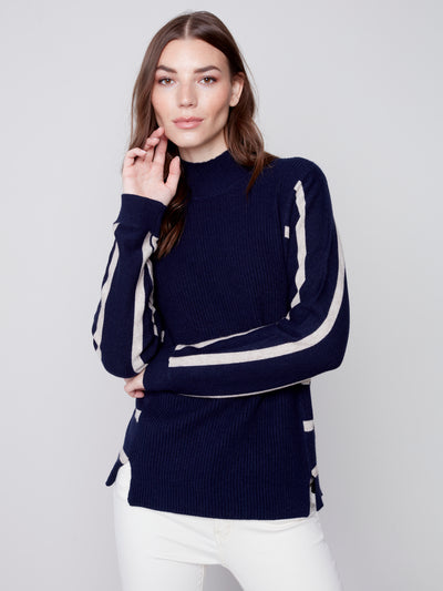Charlie B Top - Stripe Sleeve T-Neck - Navy