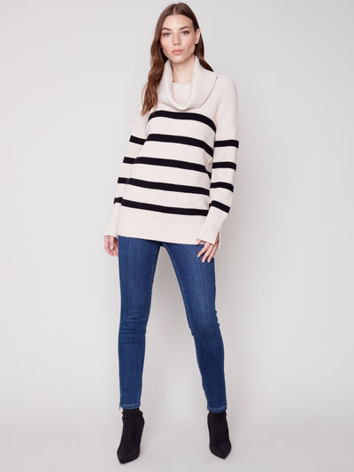 Charlie B Top - Striped Cowl Sweater - Almond - XLARGE