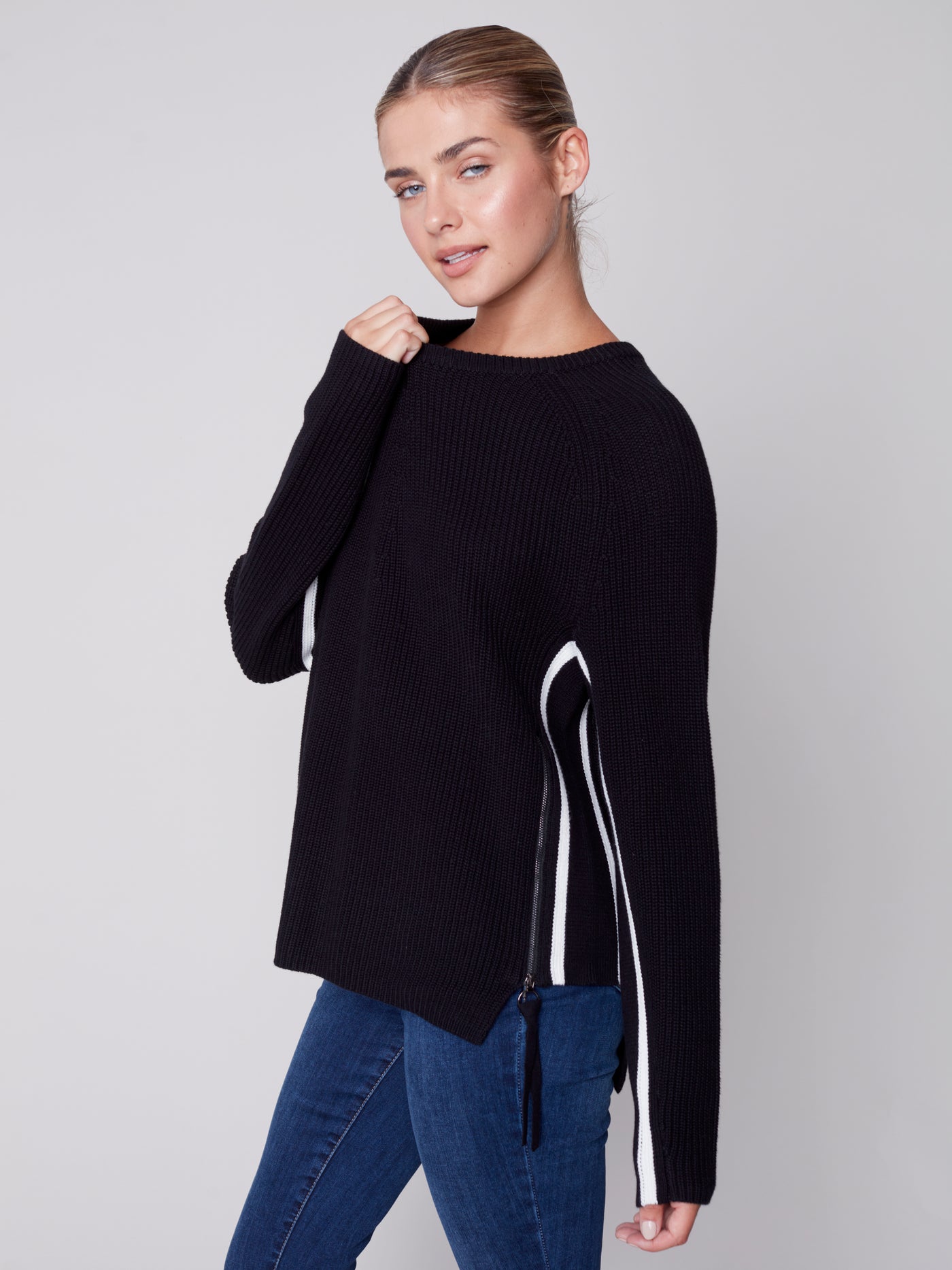 Charlie B Top - Side Zip Sweater - Black