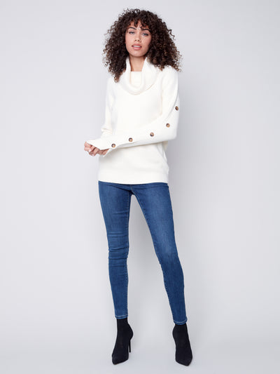 Charlie B Top - Button Sleeve Sweater - Ecru