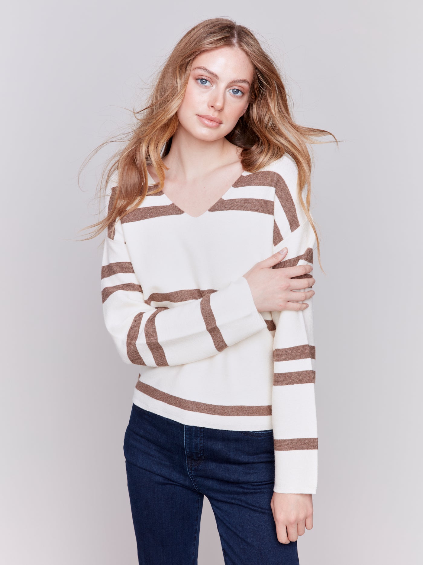 Charlie B Top - Striped V-Neck - Ecru