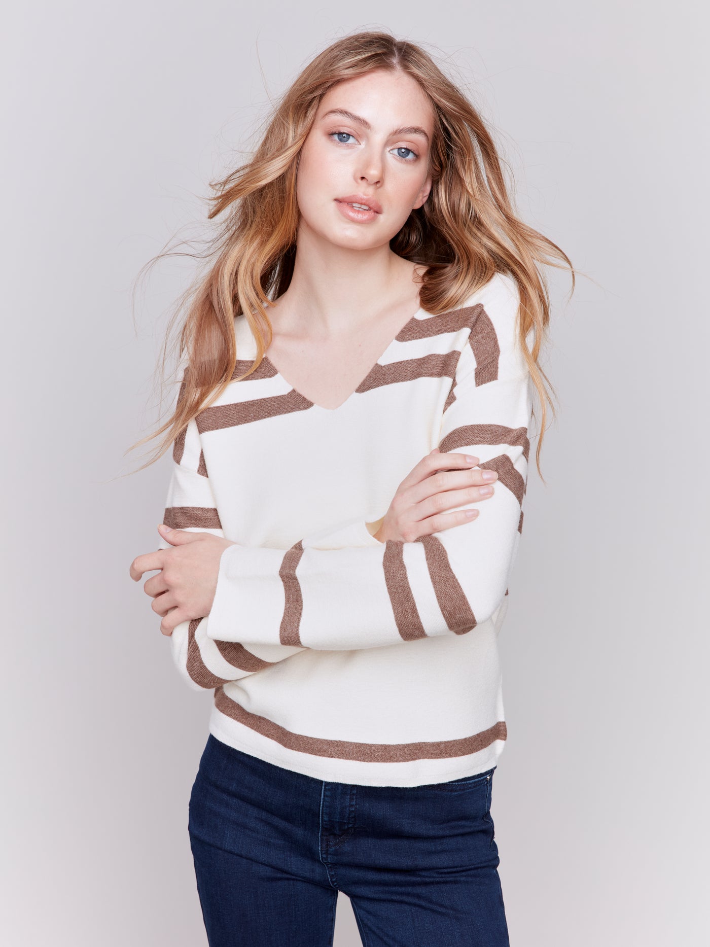 Charlie B Top - Striped V-Neck - Ecru