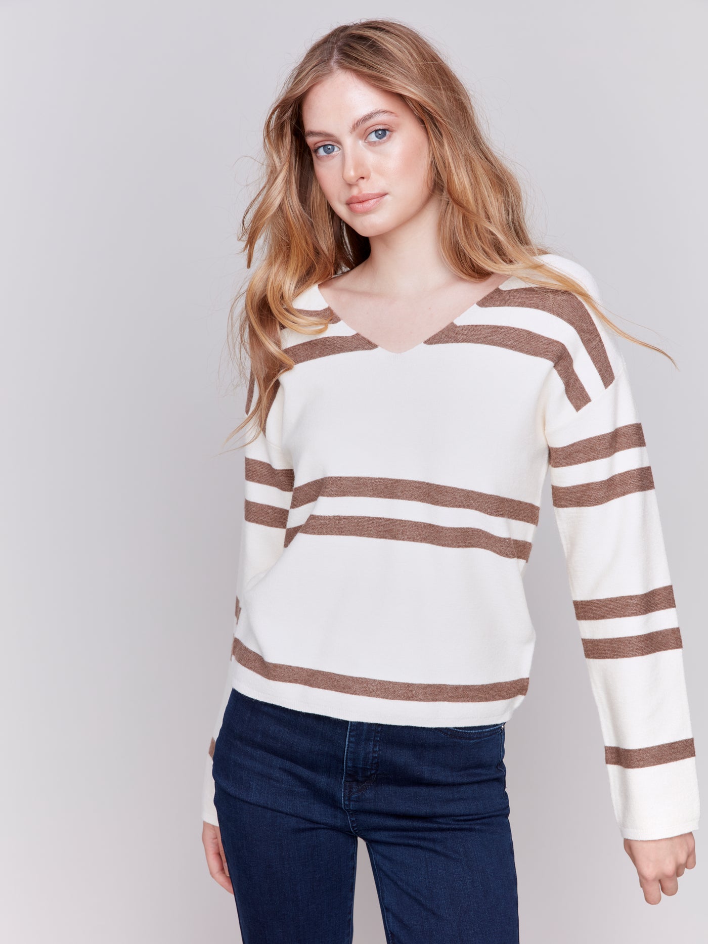 Charlie B Top - Striped V-Neck - Ecru