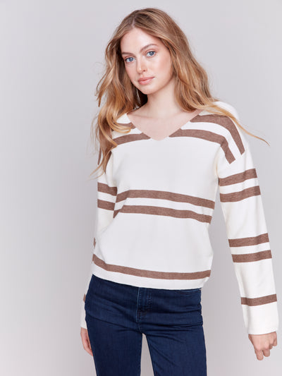 Charlie B Top - Striped V-Neck - Ecru