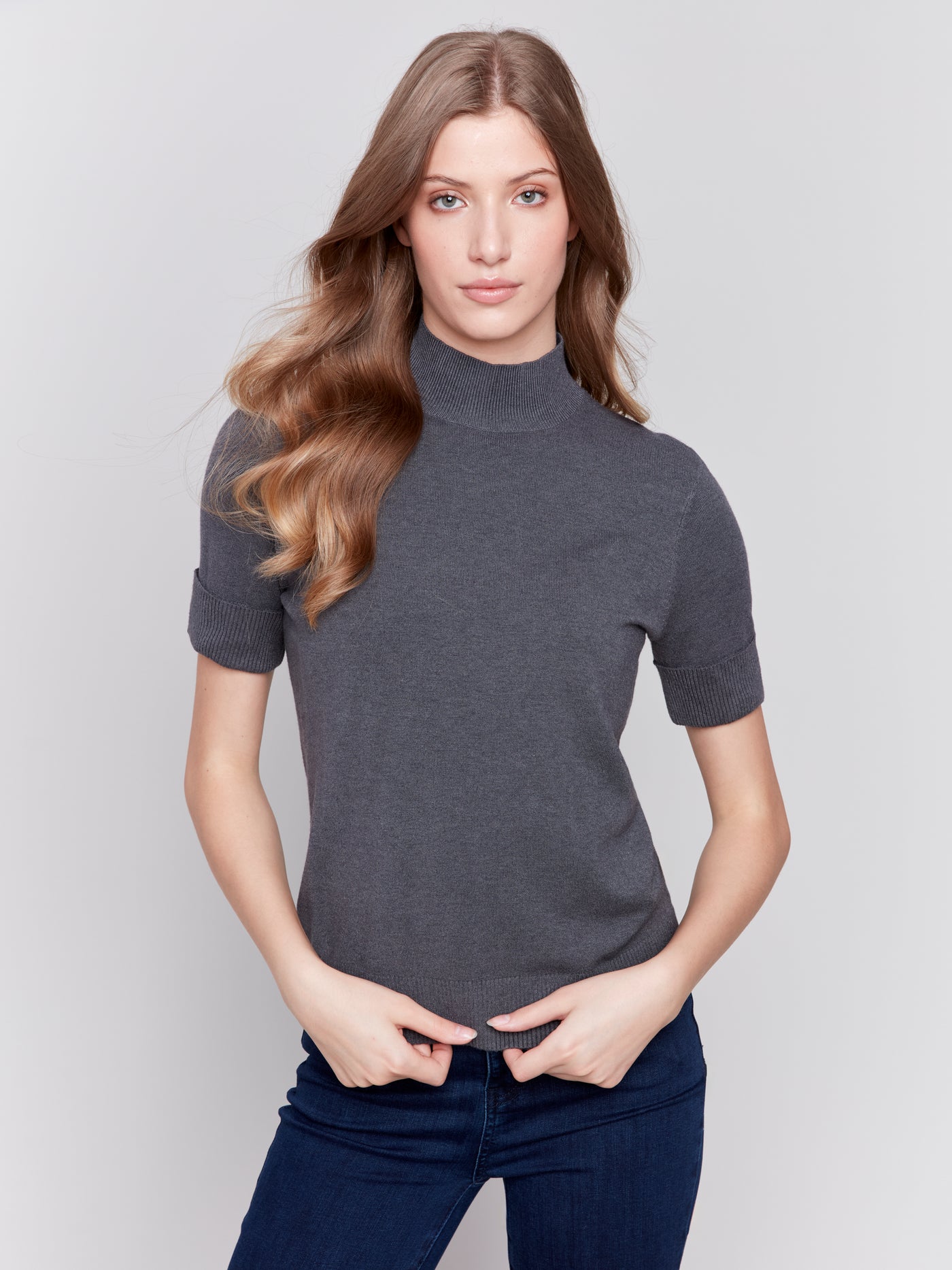 Charlie B Top - Mock Neck Knit - Charcoal