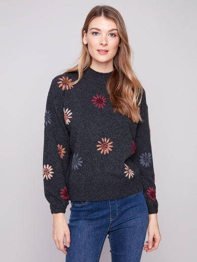Charlie B Top - Flower Print - Charcoal