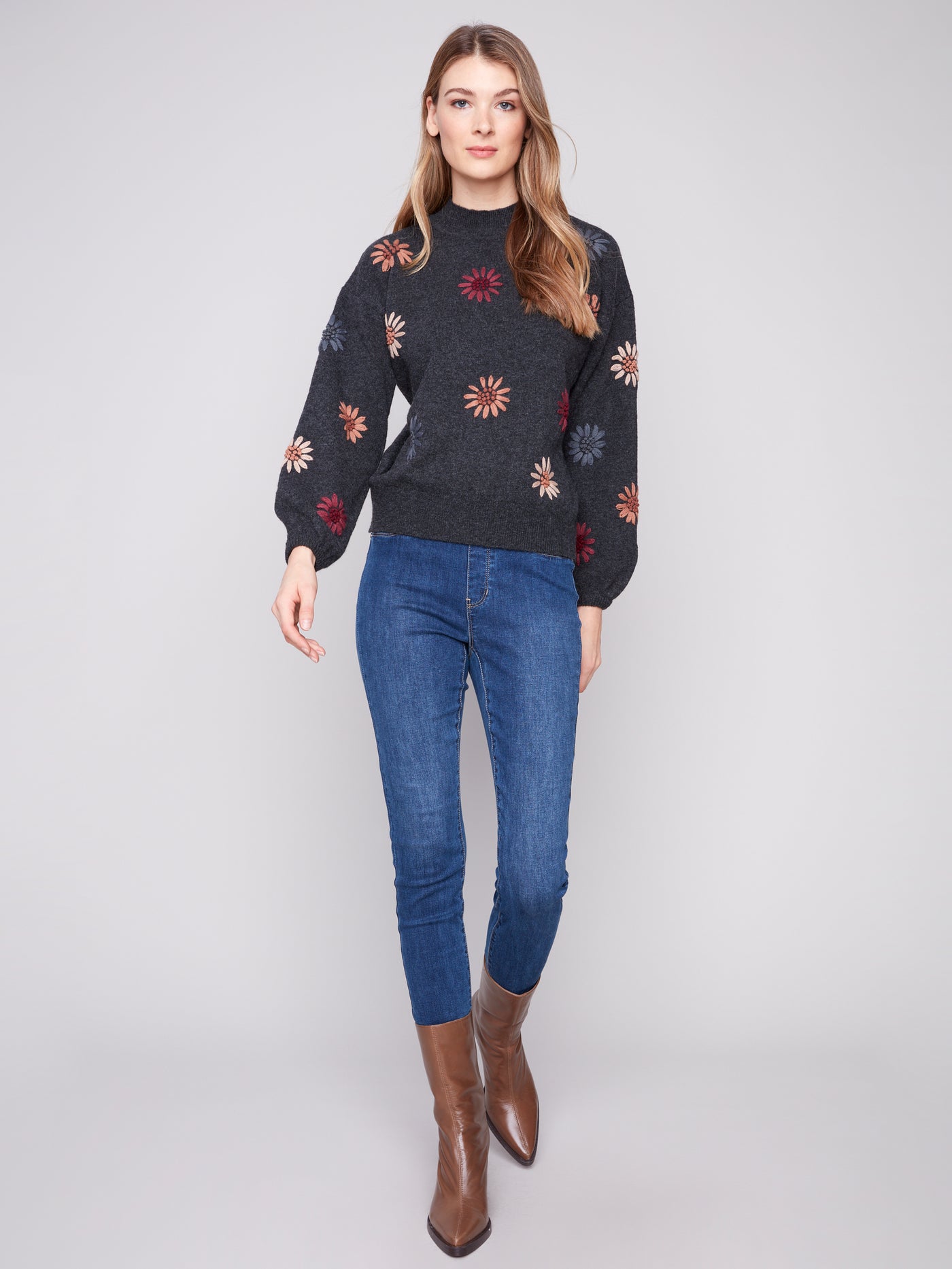 Charlie B Top - Flower Print - Charcoal