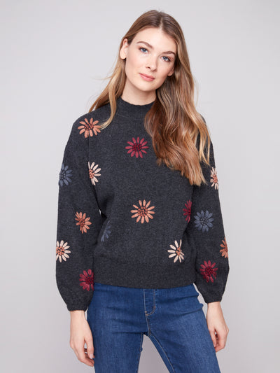 Charlie B Top - Flower Print - Charcoal