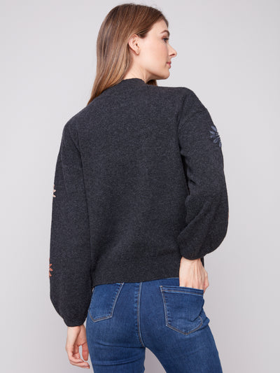 Charlie B Top - Flower Print - Charcoal