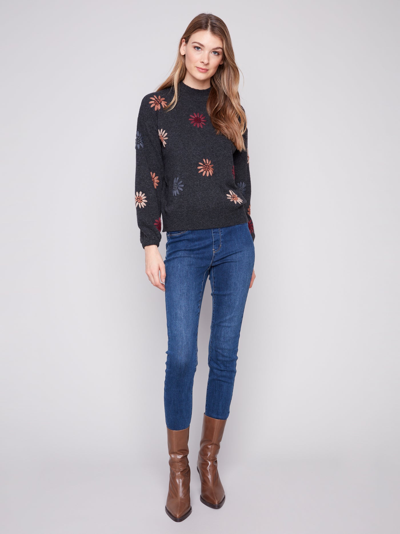 Charlie B Top - Flower Print - Charcoal