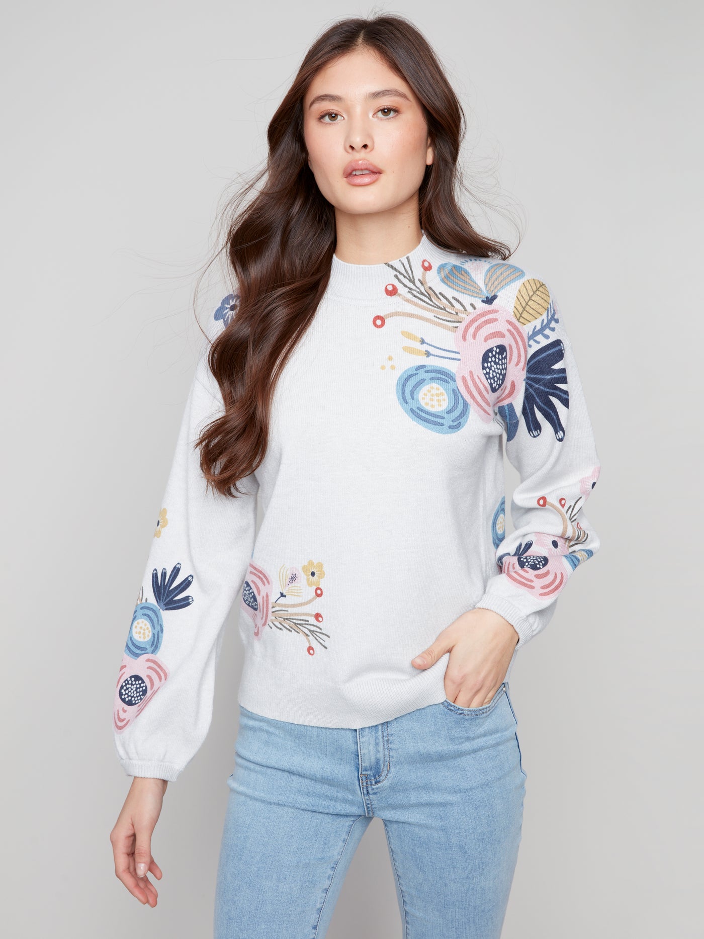 Charlie B Top - Flower Print - Grey /Multi