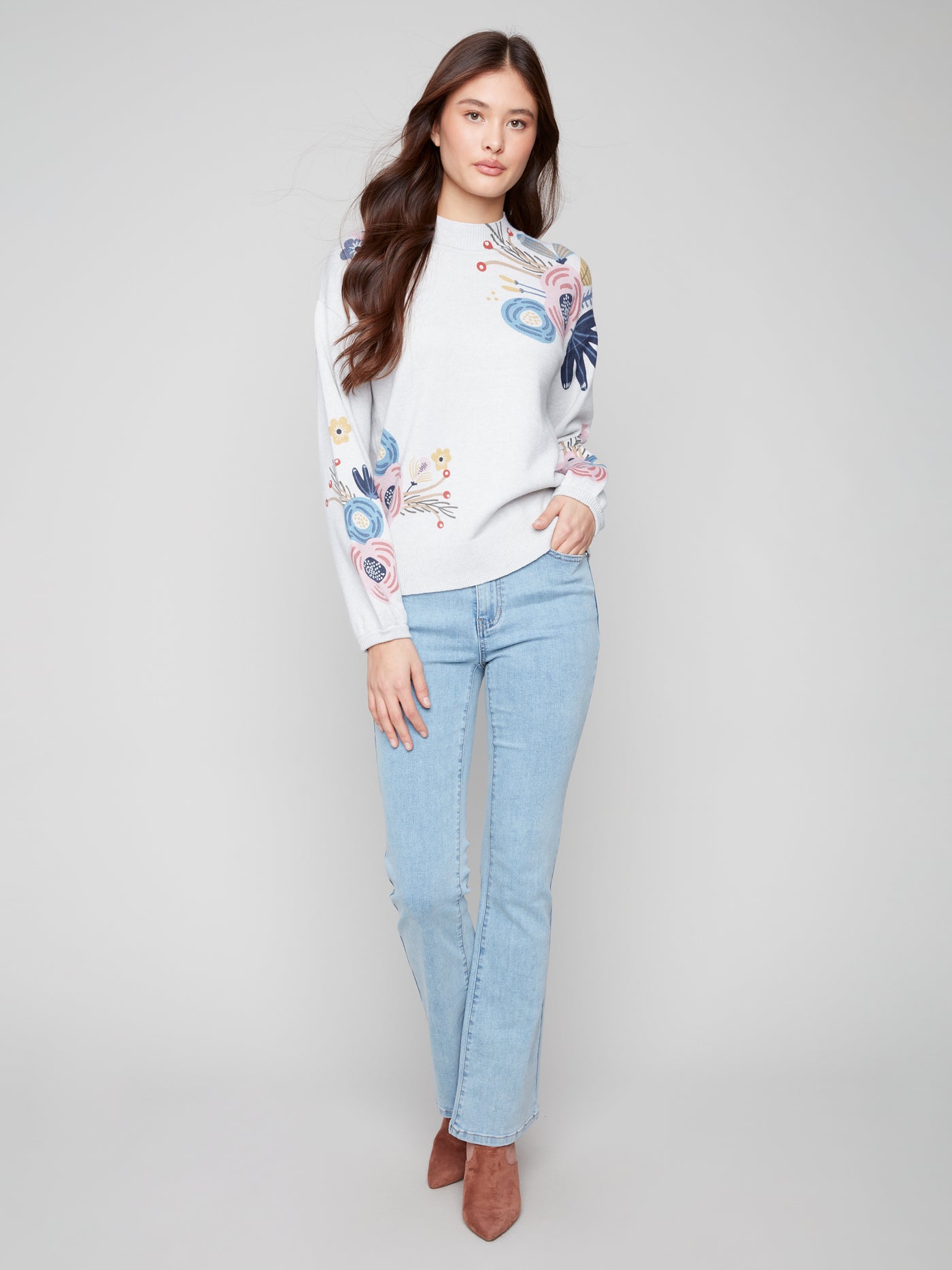Charlie B Top - Flower Print - Grey /Multi