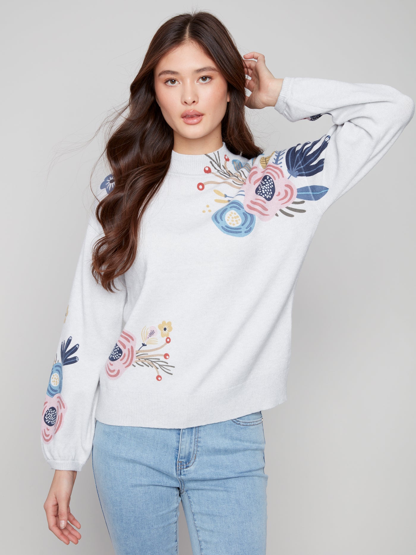 Charlie B Top - Flower Print - Grey /Multi