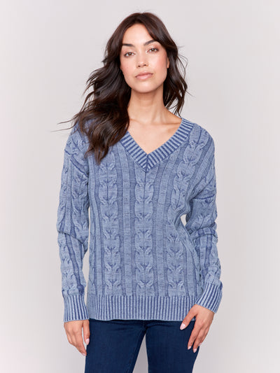 Charlie B Top - Cable Knit VNeck - Denim