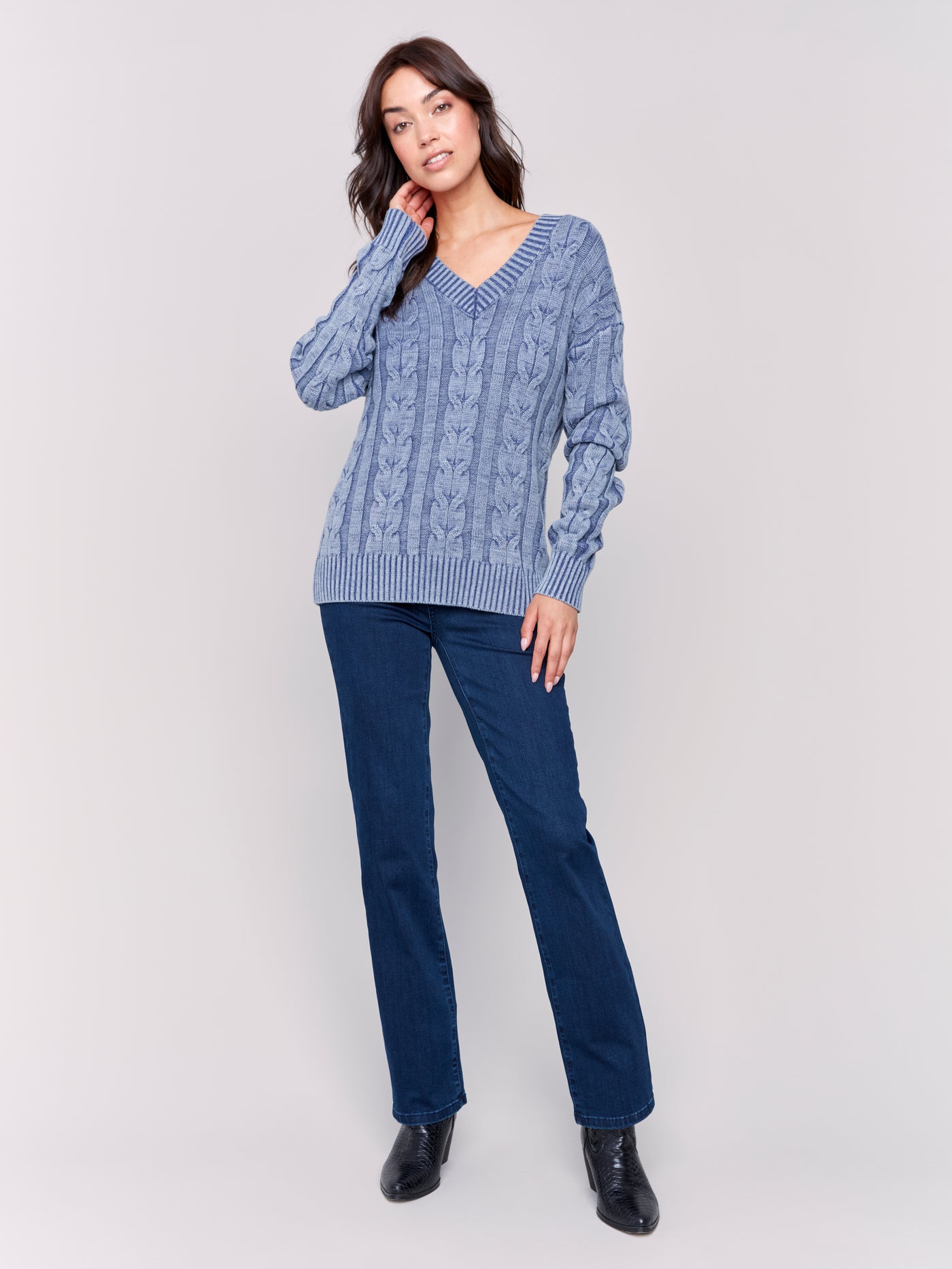 Charlie B Top - Cable Knit VNeck - Denim