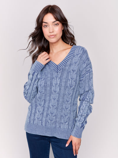 Charlie B Top - Cable Knit VNeck - Denim