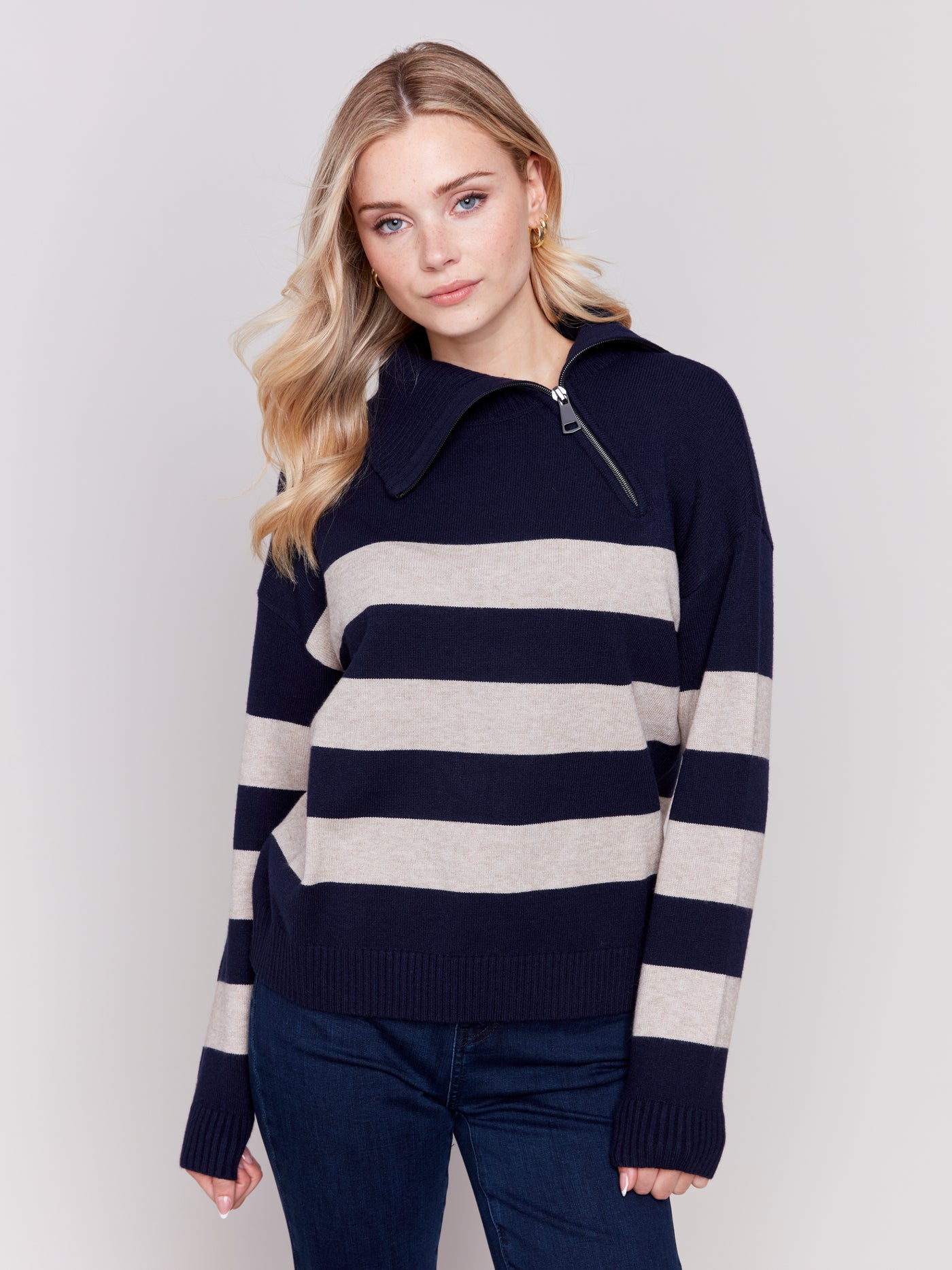 Charlie B Top - Striped Zip Neck - Navy