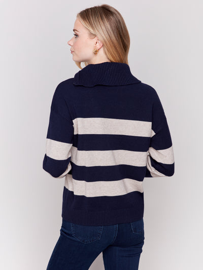 Charlie B Top - Striped Zip Neck - Navy