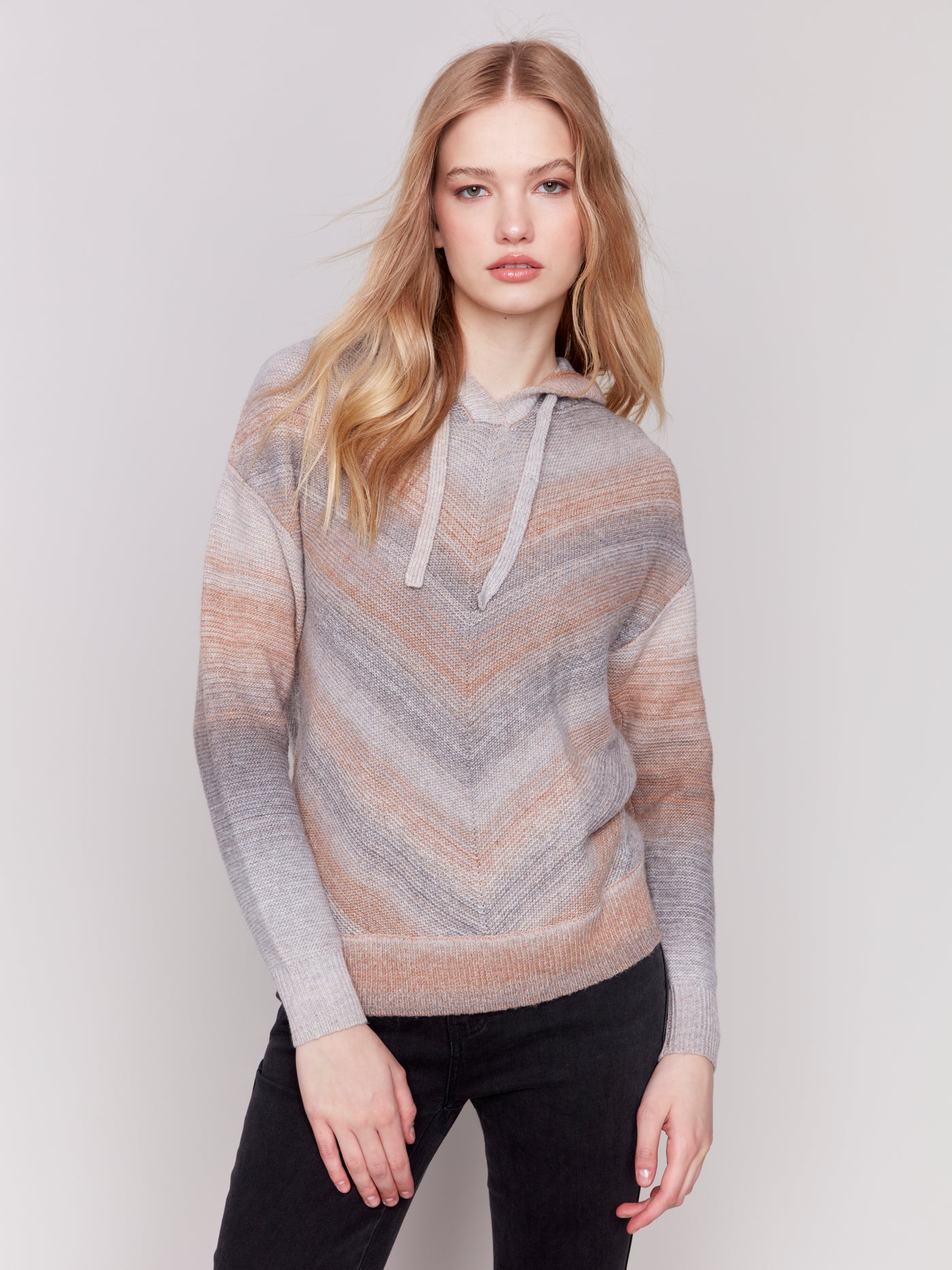 Charlie B Top - Chevron Knit Hoodie - Pebbles