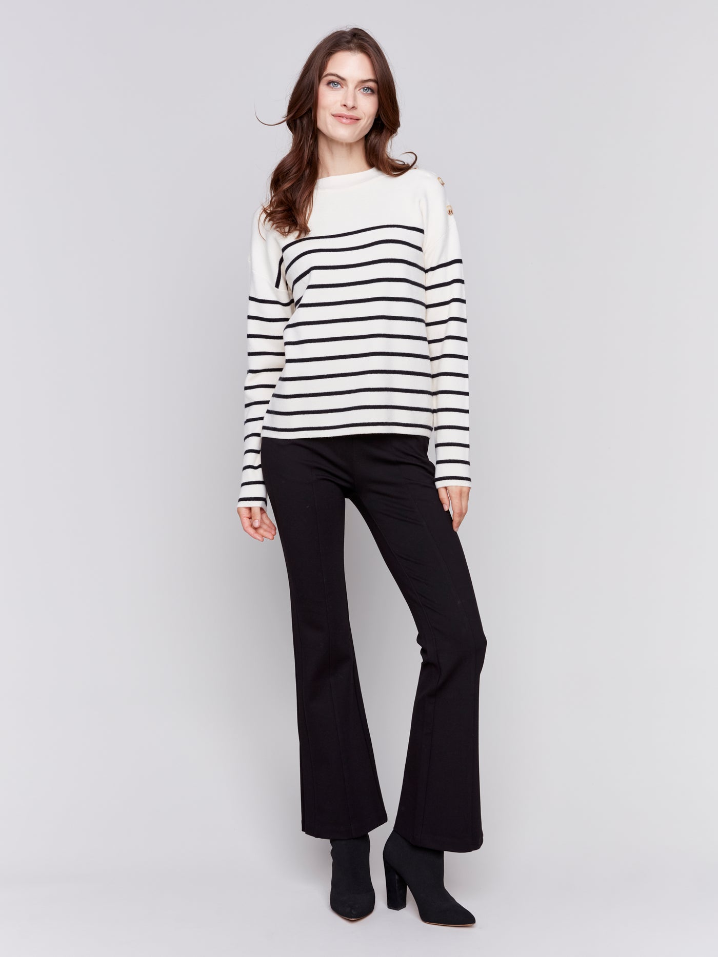 Charlie B Top - Stripes + Buttons - Ecru /Navy